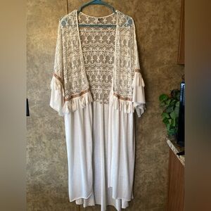 Cream Lace Kimono Duster With Fringe Hippie Artsy Cottage Boho Long Top Size L